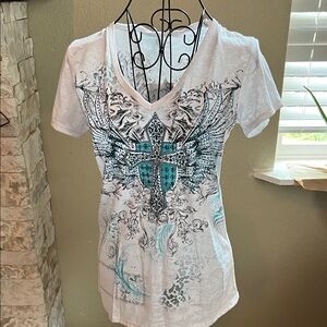 Liberty White and Teal Graphic Cross Tee